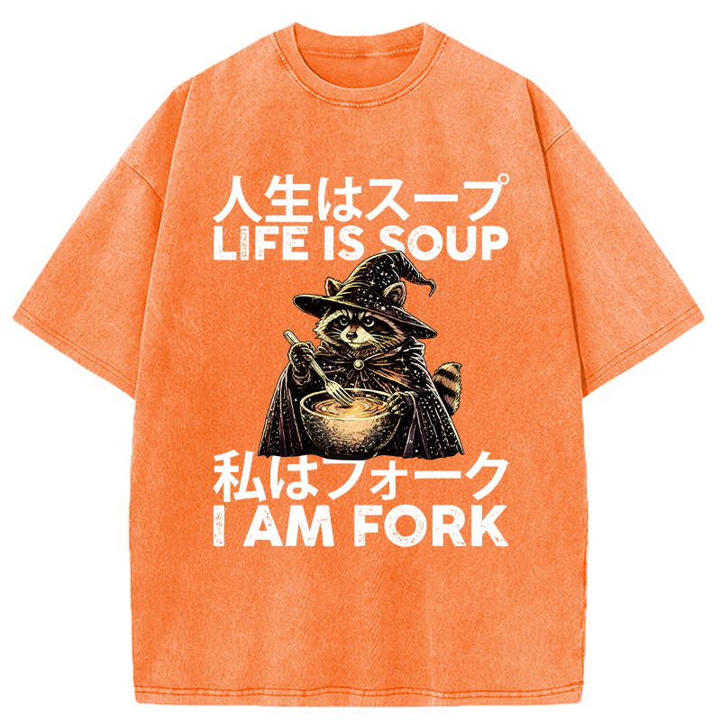 Modecanvas Life is Soup I Am Fork Funny Raccoon Wizard Meme DTG Printing Washed T-Shirt
