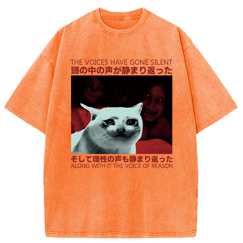 Modecanvas Silent Cat Funny Vintage Japanese DTG Printing Washed T-Shirt