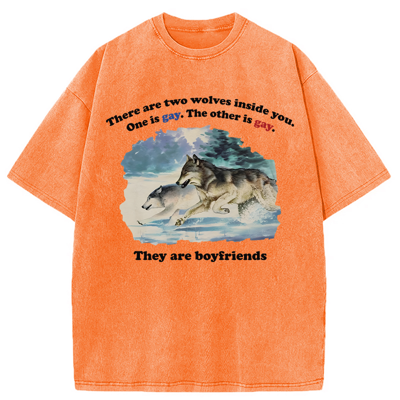 Modecanvas Two Wolves Gay Meme DTG Printing Washed T-Shirt