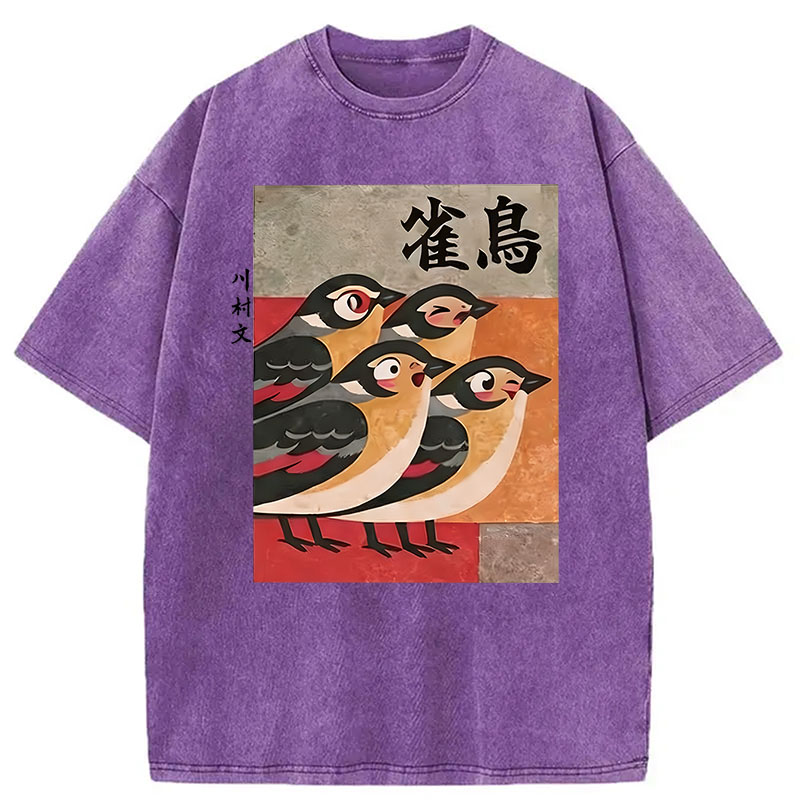 Modecanvas Cute Sparrows DTG Printing Washed T-Shirt