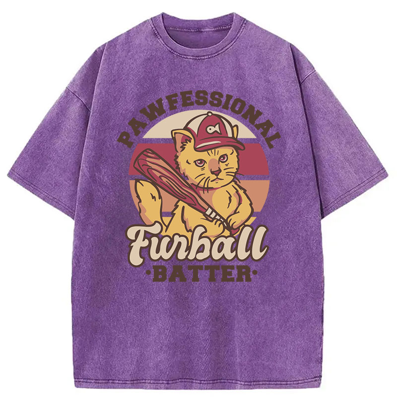Modecanvas Furball Batter Funny Cat DTG Printing Washed T-Shirt