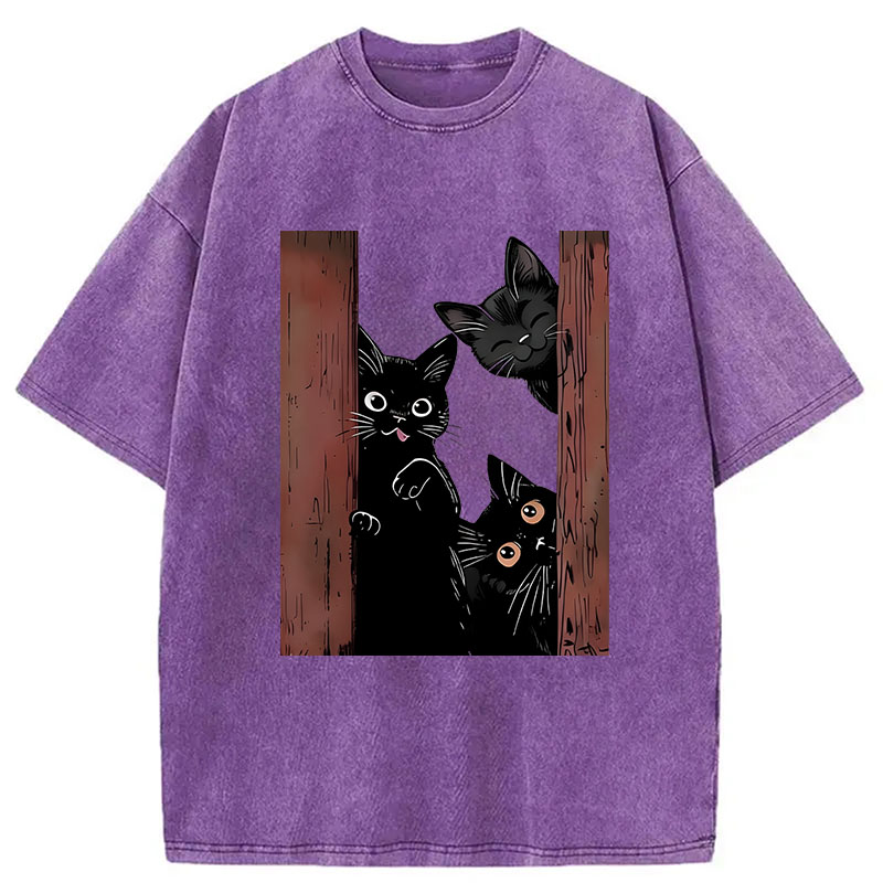 Modecanvas Funny Cats Spying On You DTG Printing Washed T-Shirt