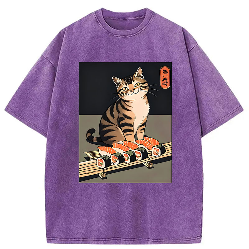 Modecanvas Cute Cat Trying To Steal Sushi DTG Printing Washed T-Shirt