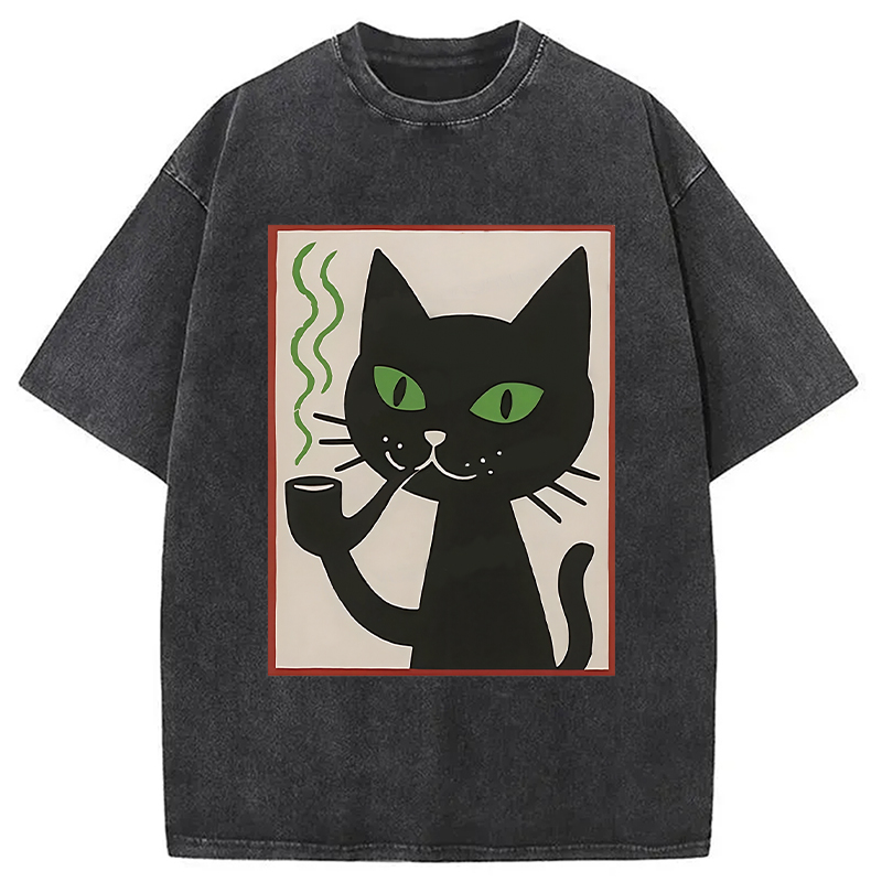 Modecanvas Black Cat Smoking Washed T-Shirt