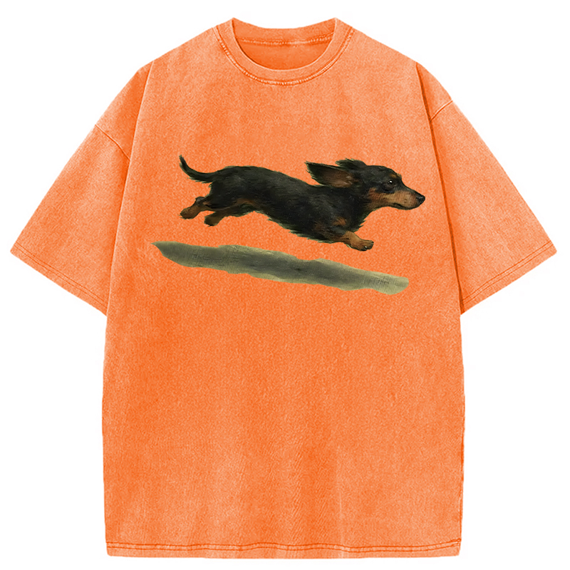 Modecanvas Funny Retro Cute Running Dog DTG Printing Washed T-Shirt