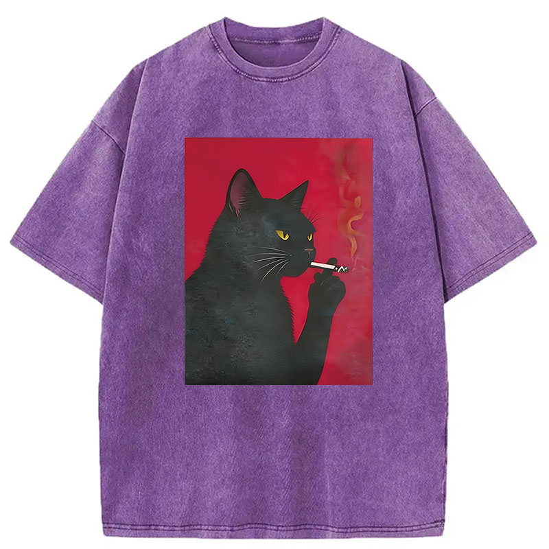 Modecanvas Black Cat Smoking DTG Printing Washed T-Shirt
