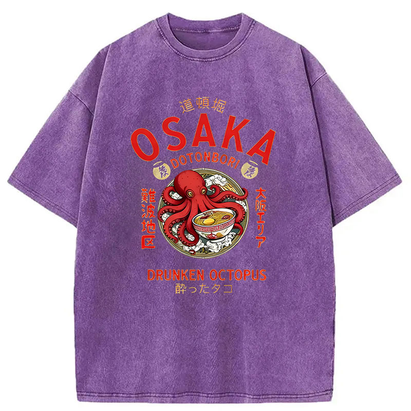 Modecanvas Osaka Drunken Octopus Eating Ramen DTG Printing Washed T-Shirt