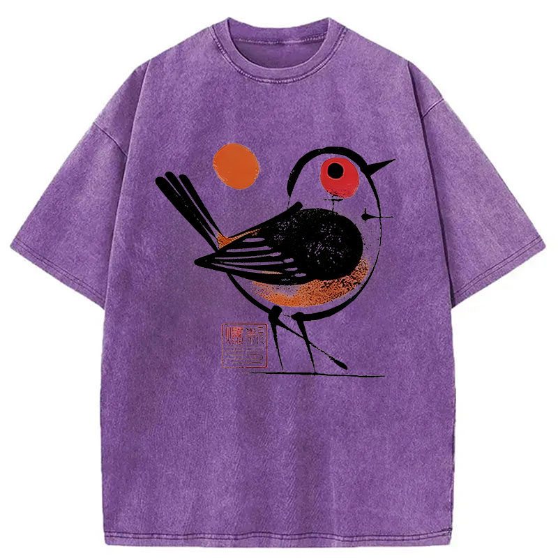 Modecanvas Aesthetic Yellow And Black Bird DTG Printing Washed T-Shirt