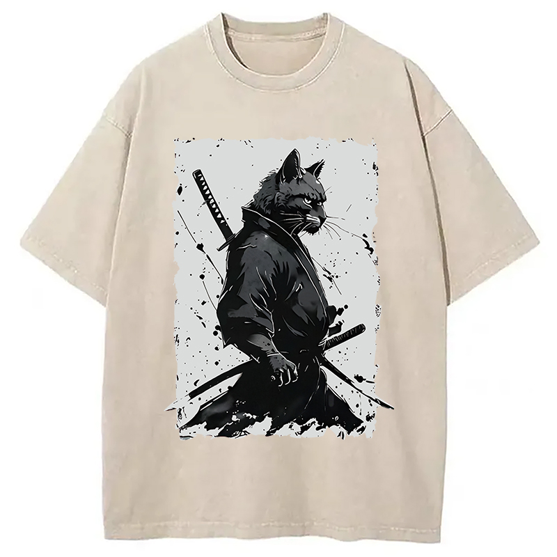 Modecanvas Handsome Samurai Cat Washed T-Shirt