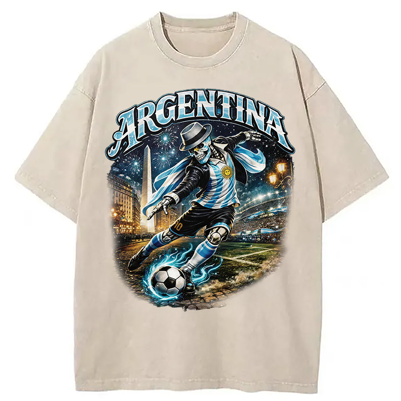 Modecanvas Skull Argentina Football DTG Printing Washed T-Shirt