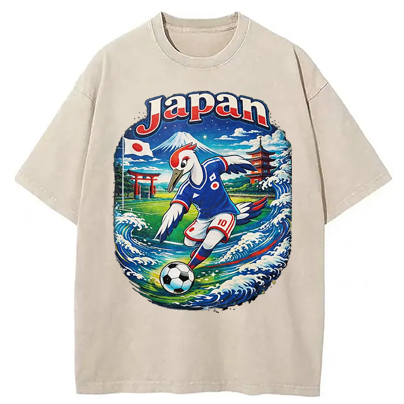 Modecanvas Japan Crane Soccer DTG Printing Washed T-Shirt