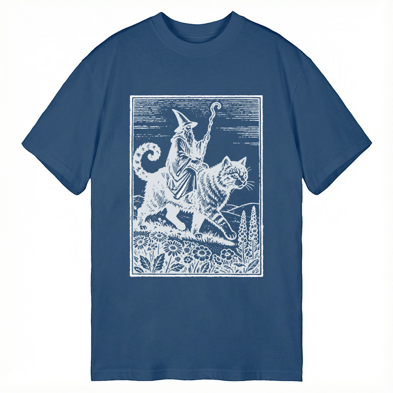 Modecanvas Wizard Cat Rider Vintage DTG Printing Classic T-Shirt-modecanvas