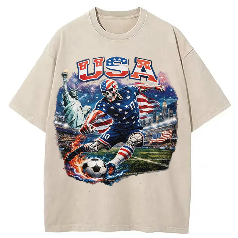 Modecanvas USA Soccer Skull DTG Printing Washed T-Shirt