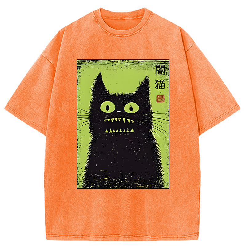Modecanvas Spooky Black Cat Japanese DTG Printing Washed T-Shirt
