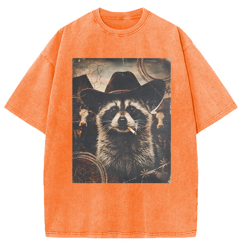 Modecanvas Vintage Weatern Raccoon DTG Printing Washed T-Shirt