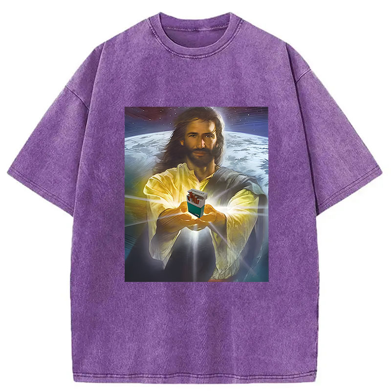 Modecanvas Jesus Holding Cigarettes DTG Printing Washed T-Shirt