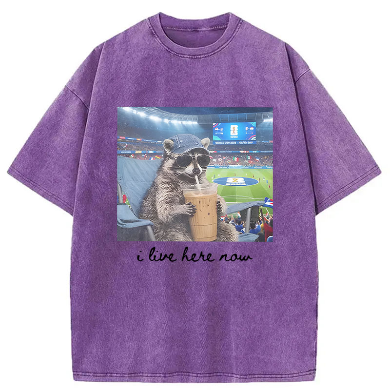 Modecanvas I Live Here Now Raccoon DTG Printing Washed T-Shirt