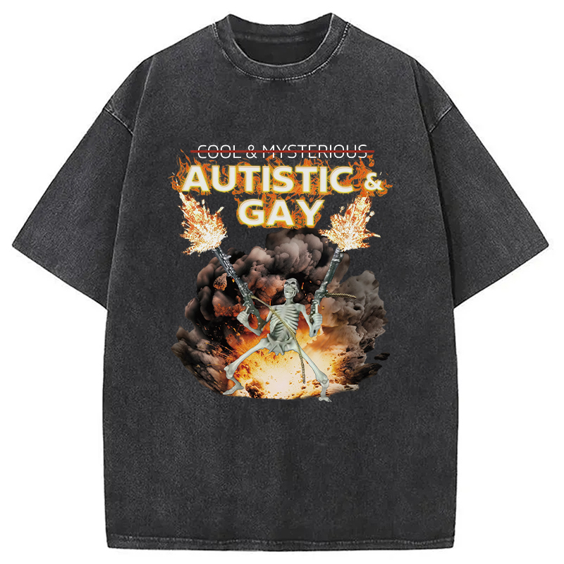 Modecanvas Autistic and Gay Skeleton Explosion DTG Printing Washed T-Shirt-modecanvas