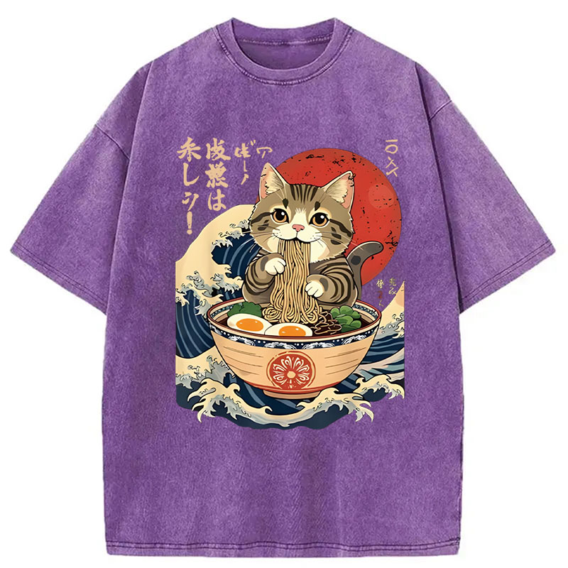 Modecanvas Cat Eating Ramen Noodles DTG Printing Washed T-Shirt