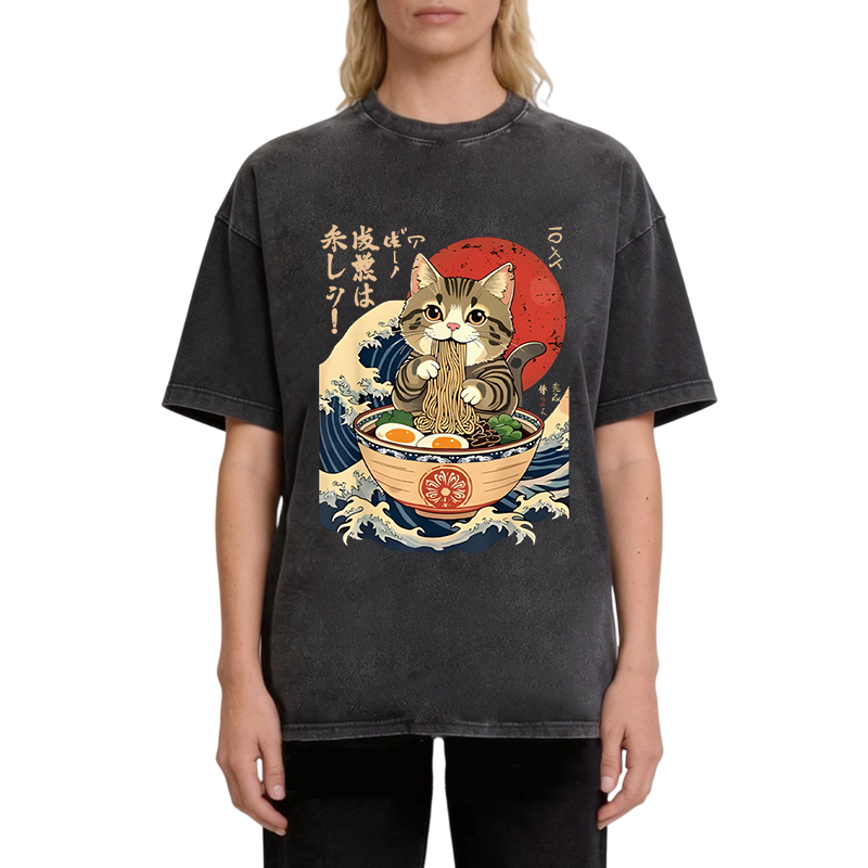 Modecanvas Cat Eating Ramen Noodles DTG Printing Washed T-Shirt