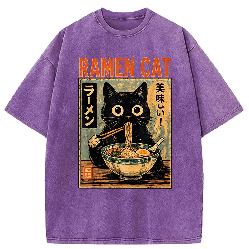 Modecanvas Funny Cat Ramen DTG Printing Washed T-Shirt