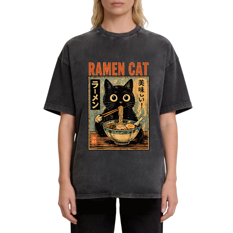 Modecanvas Funny Cat Ramen DTG Printing Washed T-Shirt