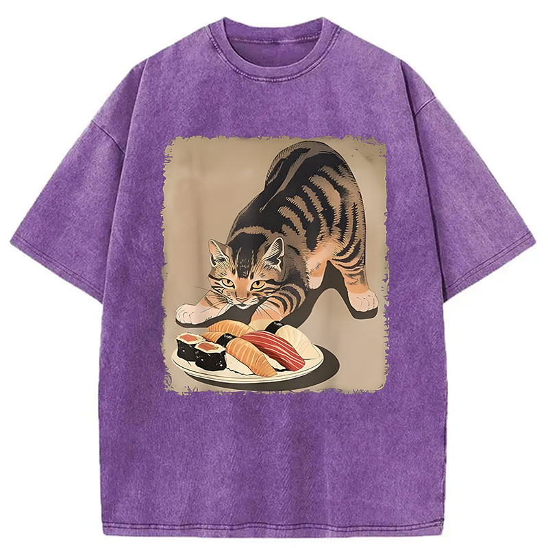Modecanvas Kawaii Cat Eating Sushi DTG Printing Washed T-Shirt