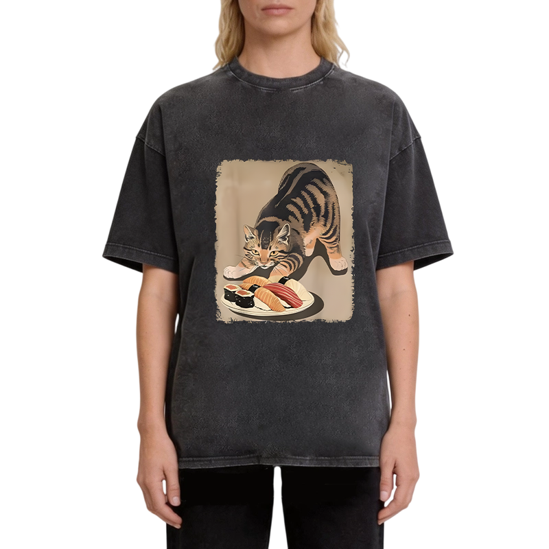Modecanvas Kawaii Cat Eating Sushi DTG Printing Washed T-Shirt