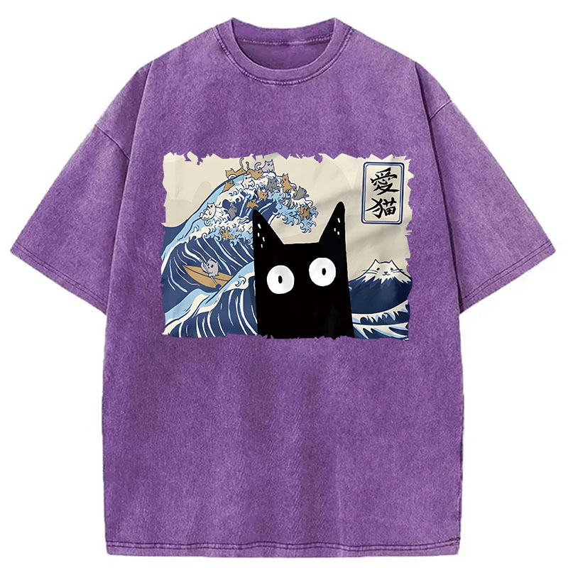 Modecanvas Kawaii Cat Japanese Wave DTG Printing Washed T-Shirt