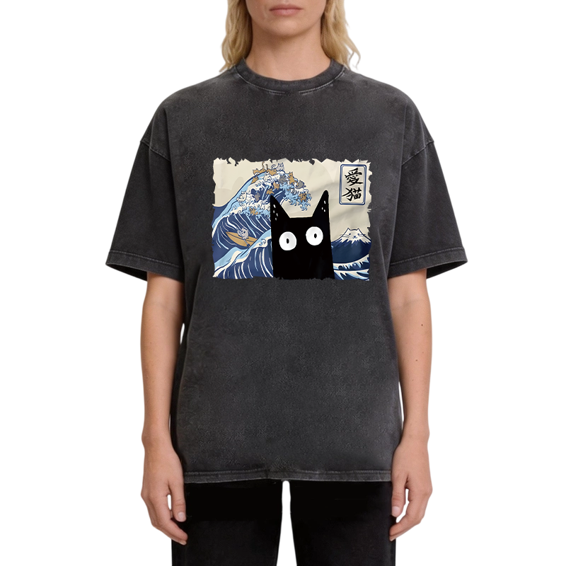Modecanvas Kawaii Cat Japanese Wave DTG Printing Washed T-Shirt