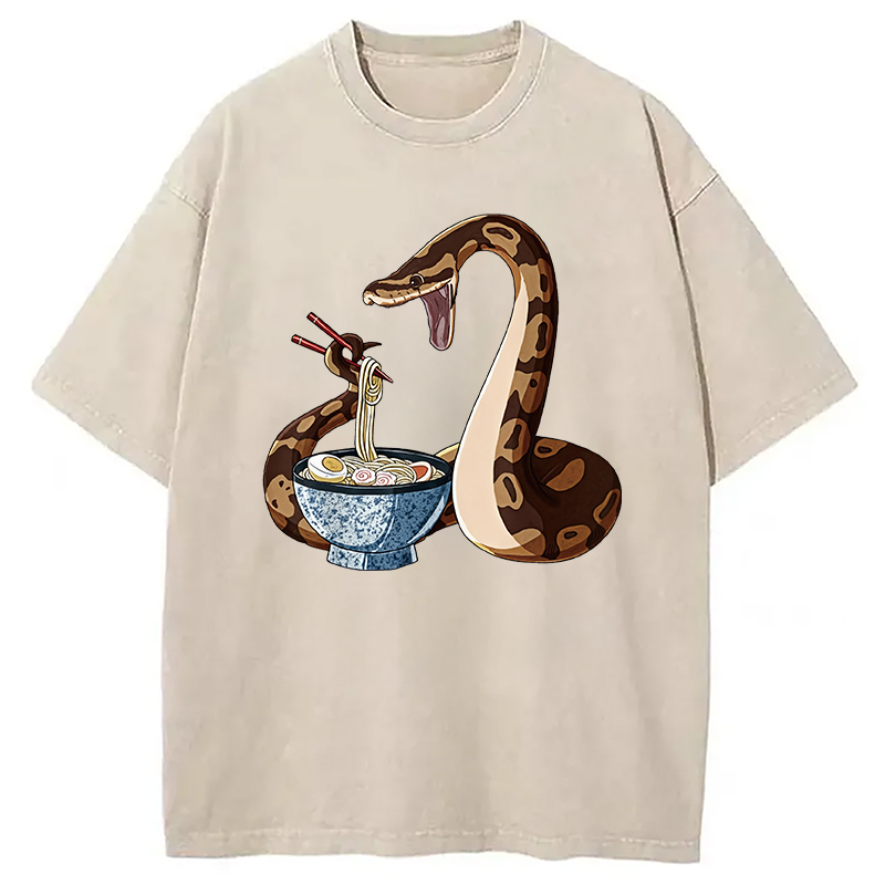 Modecanvas Japanese Kawaii Ramen Snake Funny Washed T-Shirt