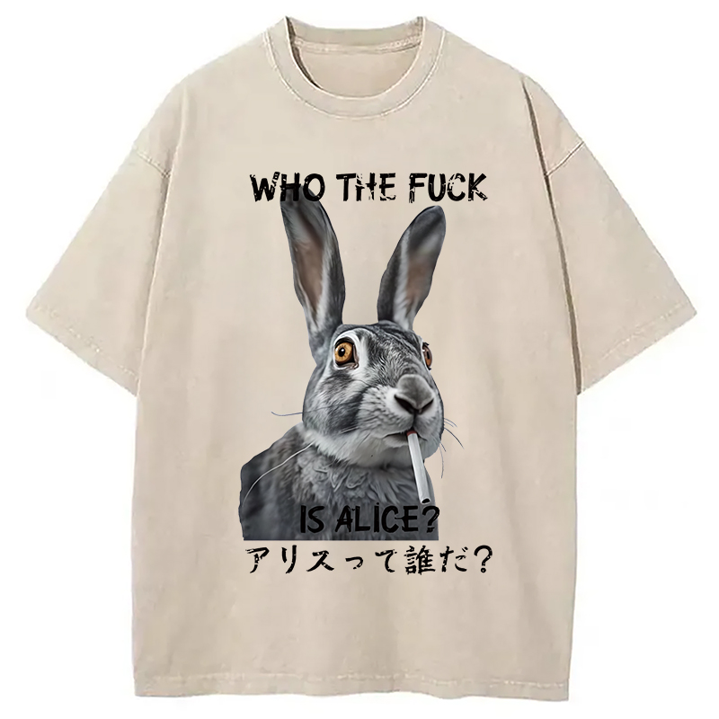 Modecanvas Who The Fvck Is Alice Funny Rabbit Smoking Washed T-Shirt