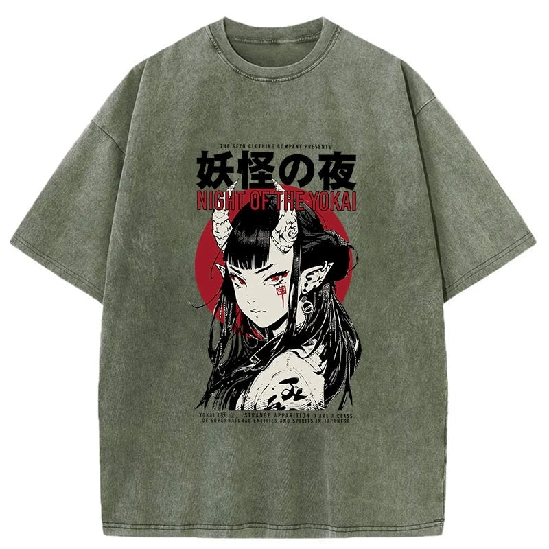 Modecanvas Yokai Aesthetic Japanese Streetwear Washed T-Shirt