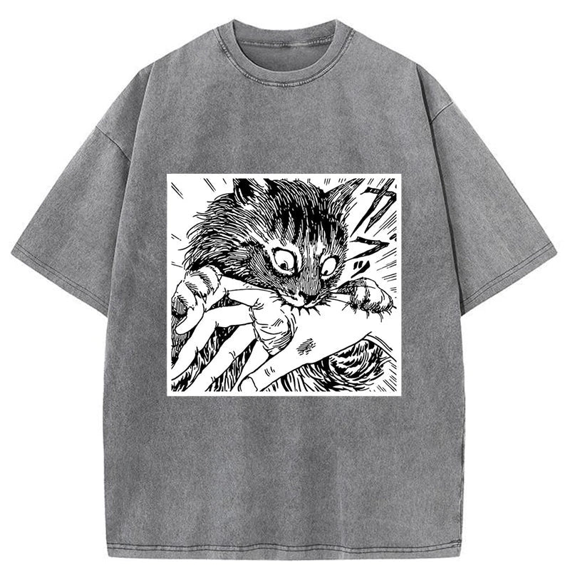 Modecanvas Creepy Cat Anime Horror Anteater Washed T-Shirt