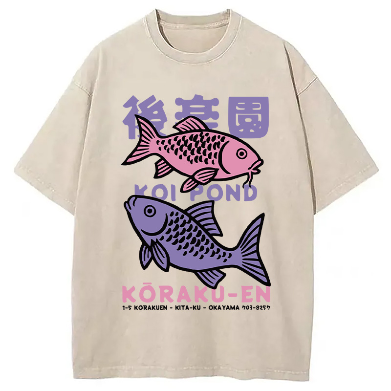 Modecanvas Koi Fish Pond Japanese Washed T-Shirt
