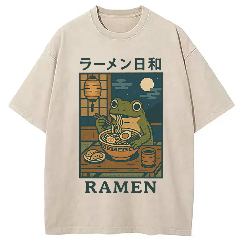 Modecanvas Japanese Frog Eating Ramen Washed T-Shirt-modecanvas