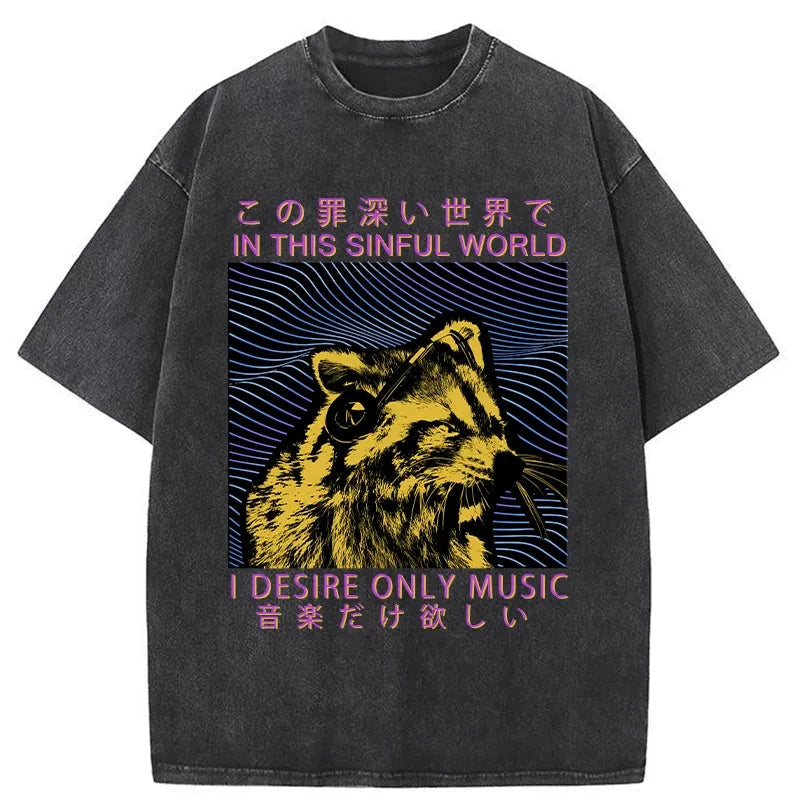 Modecanvas Raccoon Listening To Music Washed T-Shirt
