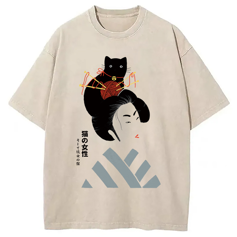 Modecanvas Geisha And Cat Washed T-Shirt