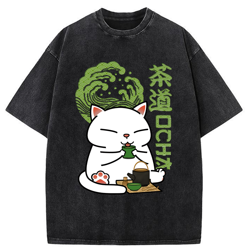 Modecanvas Cat Tasting Tea Washed T-Shirt