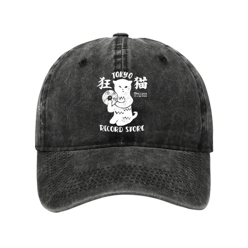 Modecanvas Tokyo Record Store Cat CD Washed Cap-modecanvas