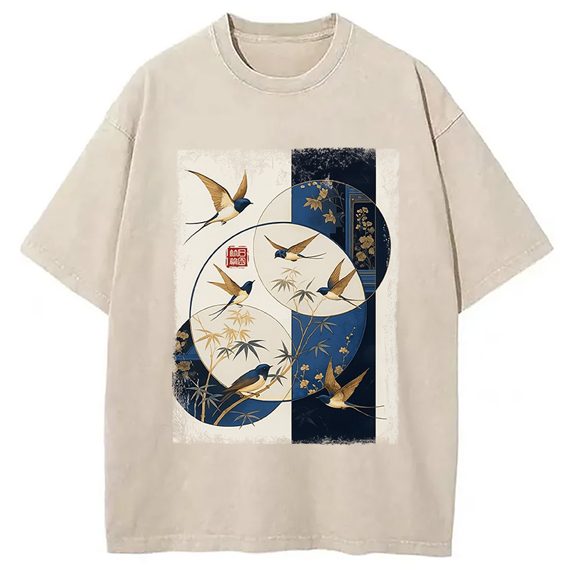 Modecanvas Swallows Among The Bamboo Washed T-Shirt