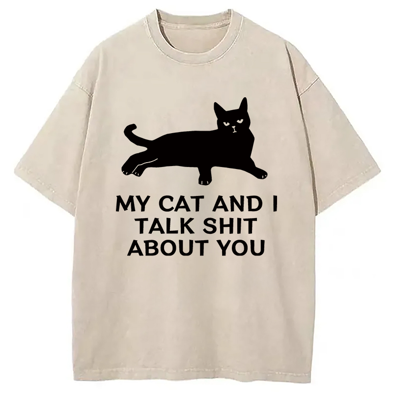 Modecanvas Gossiping Black Cat Washed T-Shirt-modecanvas