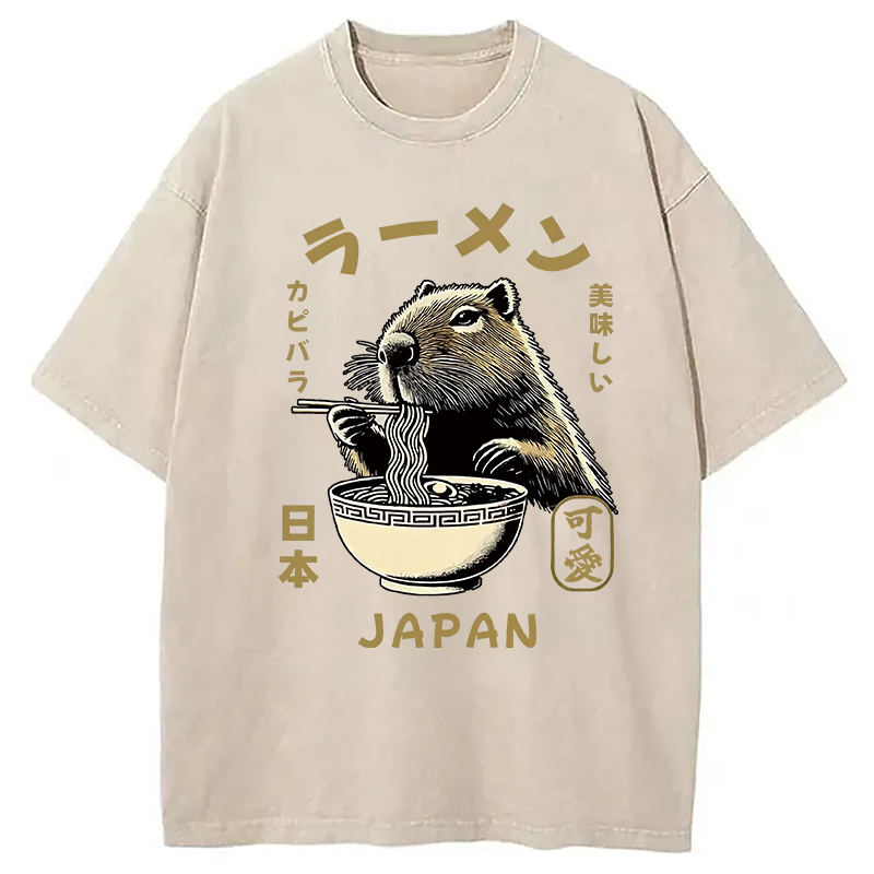 Modecanvas Retro Capybara Eating Ramen Japanese Washed T-Shirt
