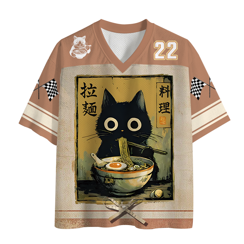 Modecanvas Cute Black Cat Eating Ramen Mesh Jersey-modecanvas