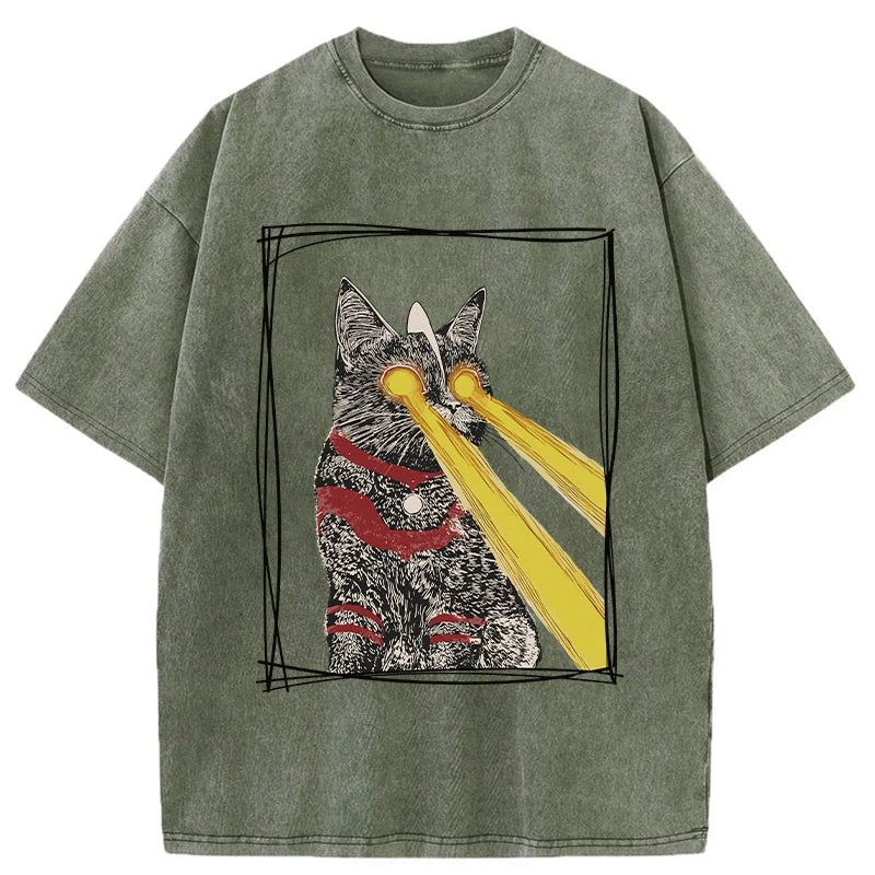 Modecanvas Laser Eye Cat Washed T-Shirt