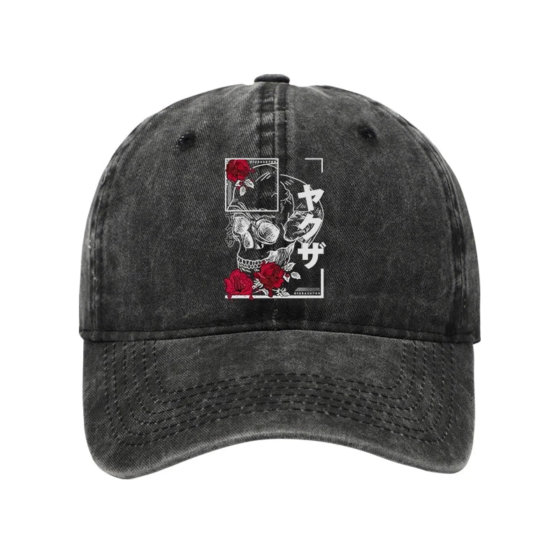 Modecanvas Skull Roses Japanese Aesthetic Washed Cap-modecanvas