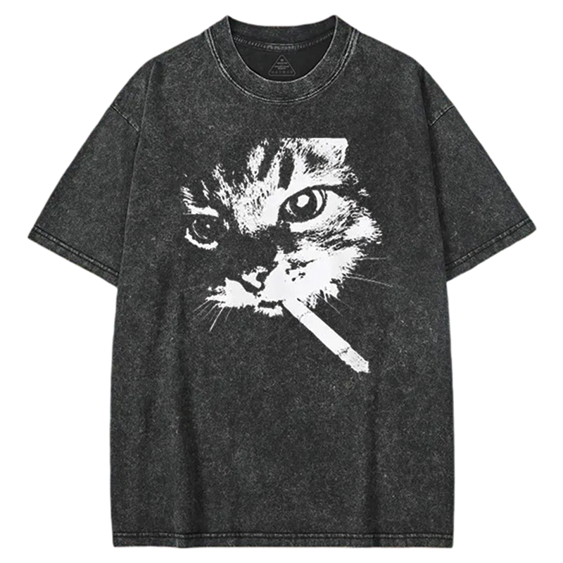 Modecanvas Funny Cat Meme Washed T-shirt-modecanvas