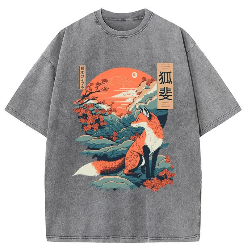 Modecanvas Japanese Kitsune Fox Sakura Washed T-Shirt