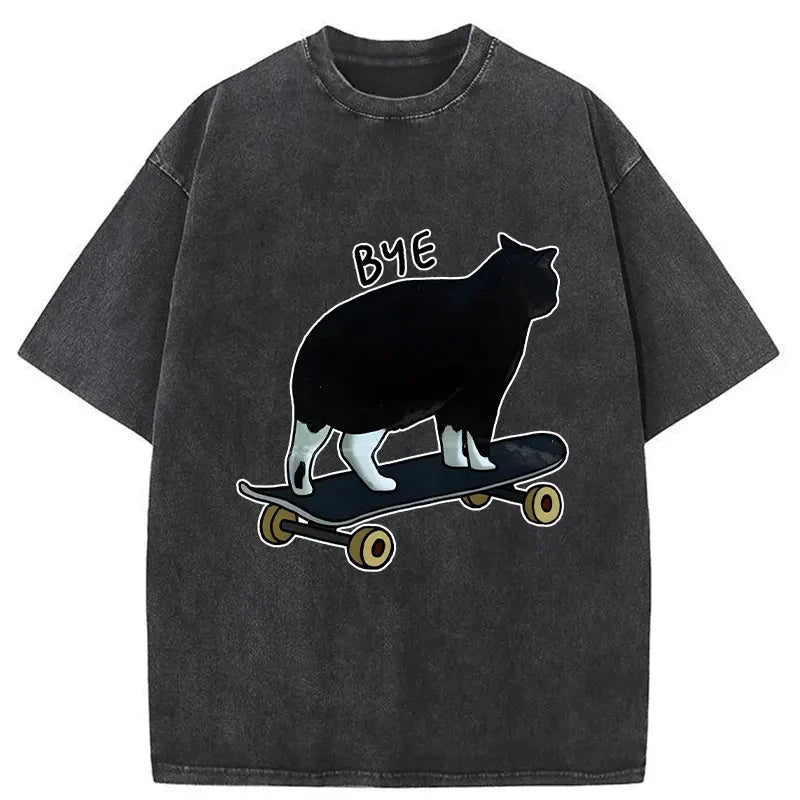 Modecanvas Cat On Skateboard Washed T-Shirt-modecanvas