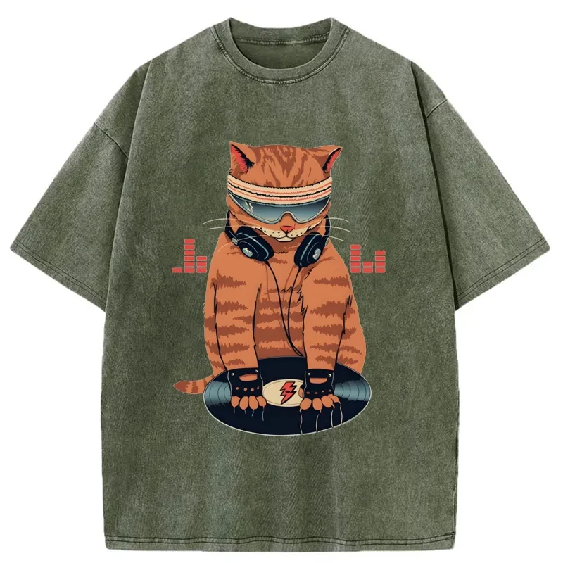 Modecanvas Funny Cat DJ Washed T-Shirt